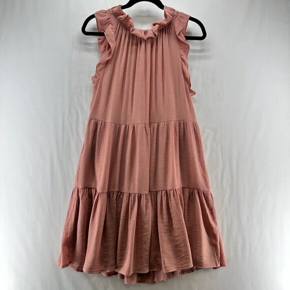 MINE Dress Size L Peasant Tiered Textured Ruffled Sleeveless Smock Babydoll Pink - Picture 2 of 12